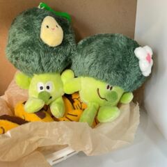 創意野菜ブロッコリーのキーホルダーが可愛いぬいぐるみのカバンに飾られています。