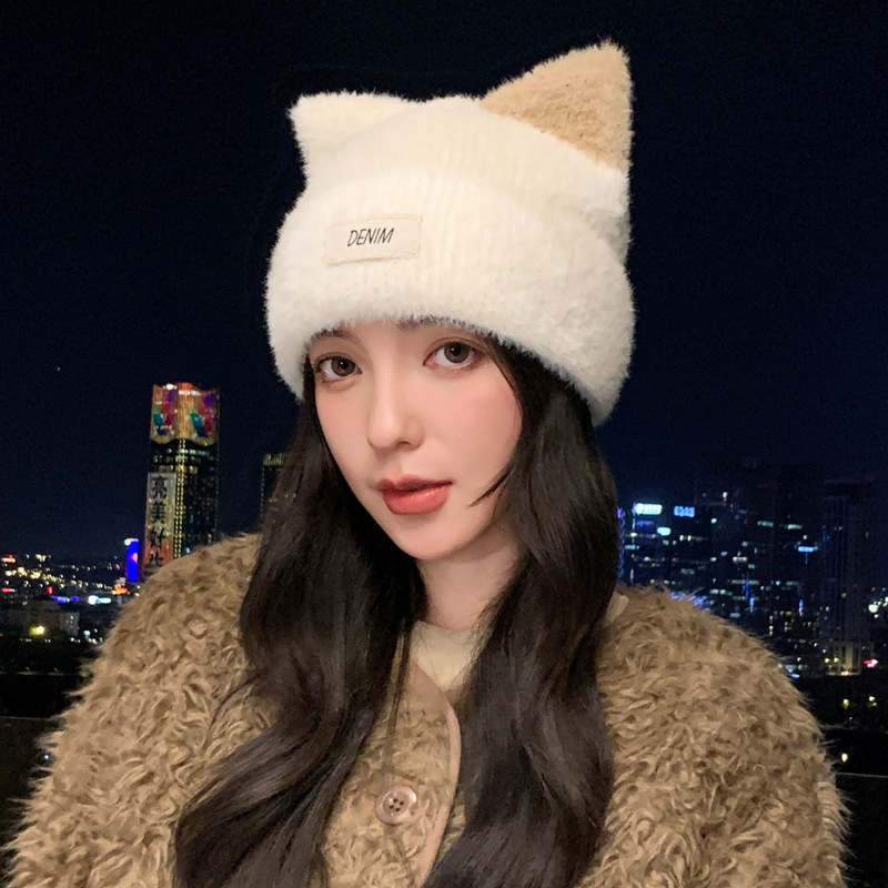 冬天帽子女可爱甜酷风猫耳朵针织帽防风保暖护耳包头帽拼色百搭帽|undefined