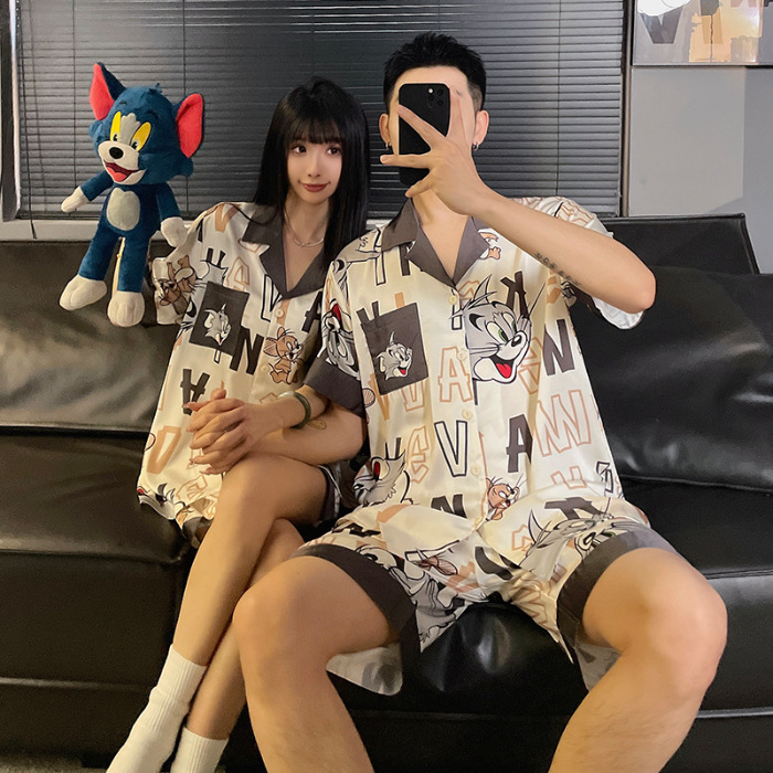 2025 nuevo pijama de pareja de verano de seda de hielo de manga corta para estudiantes lindos ropa de casa de hombre de seda