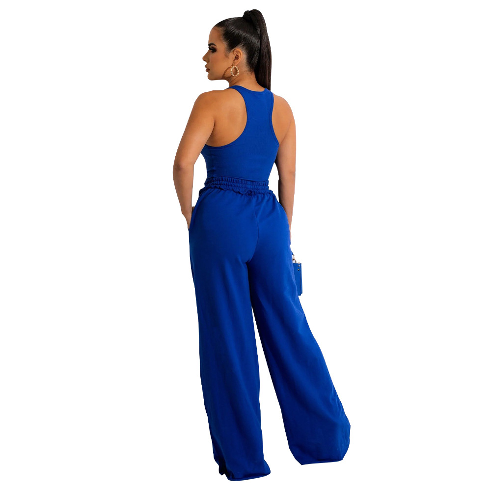 K Women's Solid Color U-neck Jumpsuit With Ripped Wide Leg Pants Set New_voghion.com
