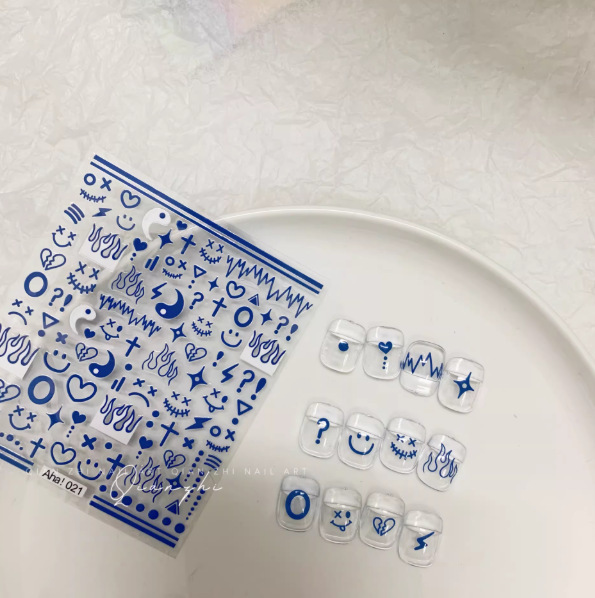 Klein Blue Aha Nail Art Stickers Minimalist Style Smiley Face Flame Heart Easy to Match Nail Art Stickers
