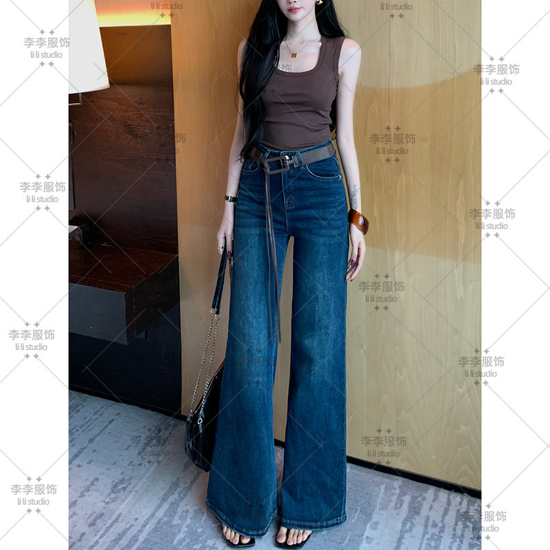 百搭复古不贴腿微喇牛仔裤女2025早秋新款高腰宽松弹力显瘦拖地裤|undefined