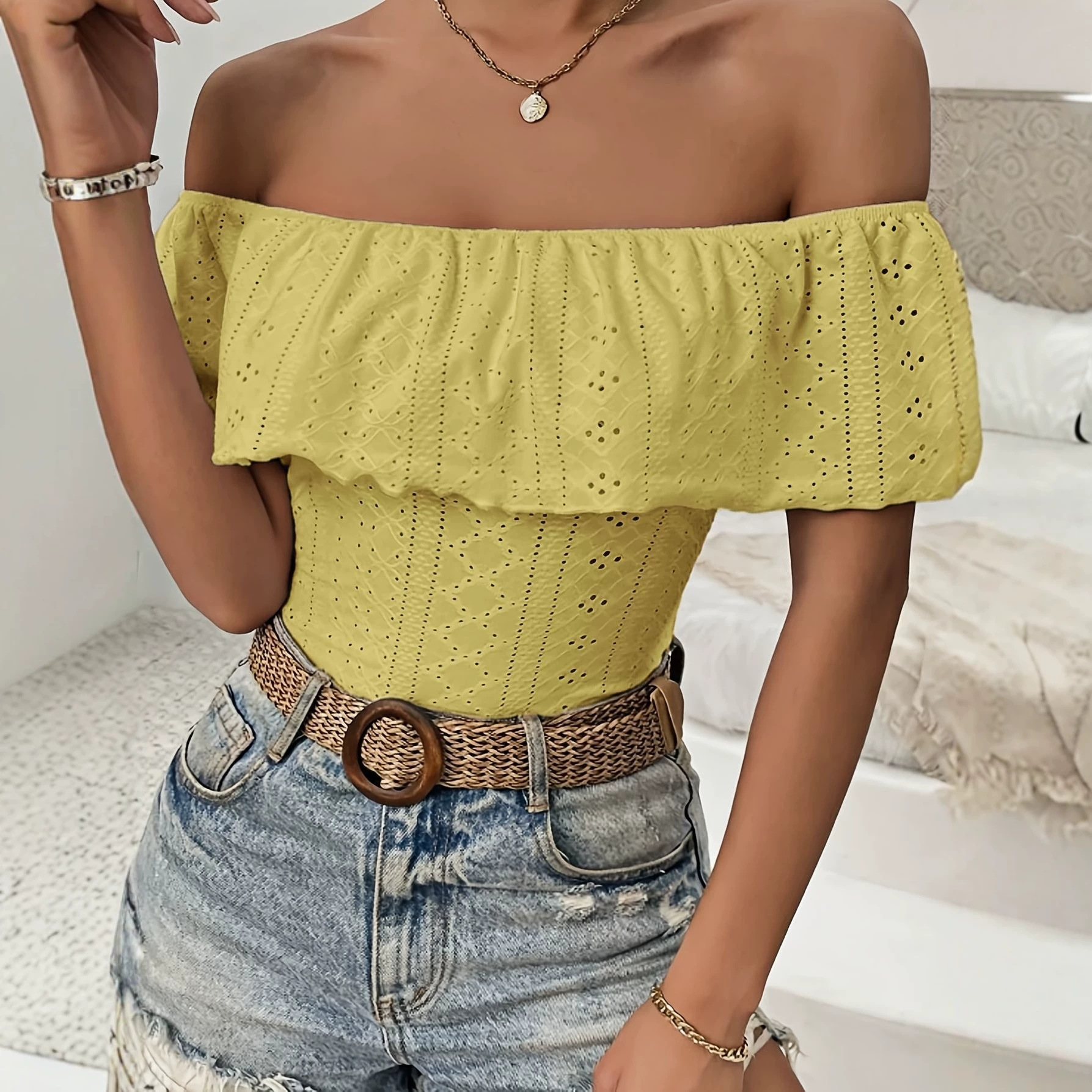 Sexy off the Shoulder Bodysuit for Women Hollowed out Jacquard Ruffle Details Bestseller Women's Jumpsuits And Rompers_ecoleips.com