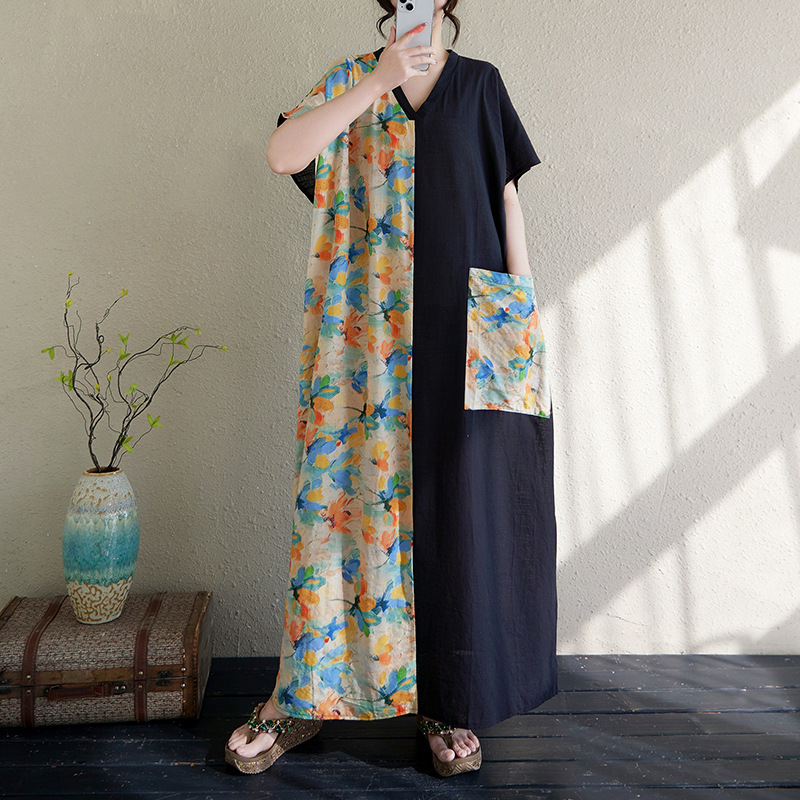 2025 Women's Summer chubby girl Cotton and Linen Vintage V-Neck Flesh Covering Slimming Short-Sleeved Color-matching Super-long dress