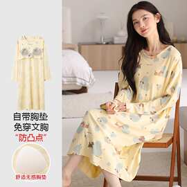 【带胸垫】春秋新款纯棉女长袖睡裙印花休闲女家居服图片色有吊牌