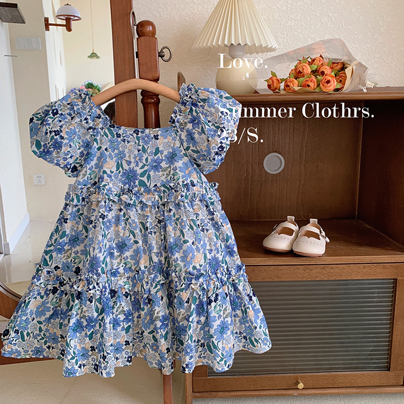 Girls' Dress Summer Wear 2026 New Style Fashionable Baby Blue Floral Princess Dress Kidsren's French Short-Sleeved Dress