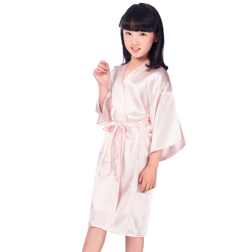 Children's Twisted Satin Silk Nightgown Bathrobe Medium and Large Children's Long Plain Glossy Summer Thin Cardigan Robe