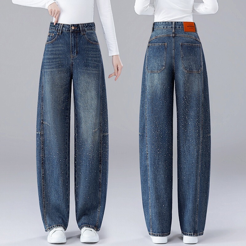 2026 Spring New Loose Straight Shiny Rhinestone Casual Wide-Leg Long Pants Starry Denim Curved Pants for Women