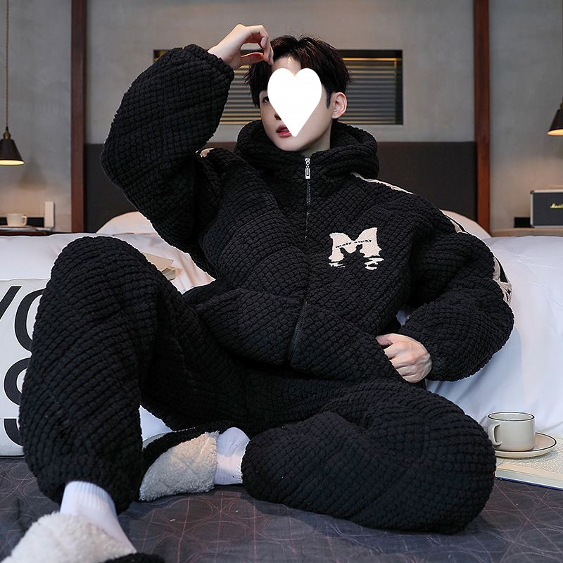 산호 벨벳 남성 잠옷 겨울 플러스 벨벳 두꺼운 3 레이어 퀼트 재킷 후드 지퍼 플란넬 홈웨어 세트