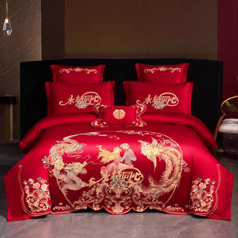 algodón molido de alta gama, bordado de bodas, algodón puro, cuatro piezas, ropa de cama de boda roja, lujo ligero