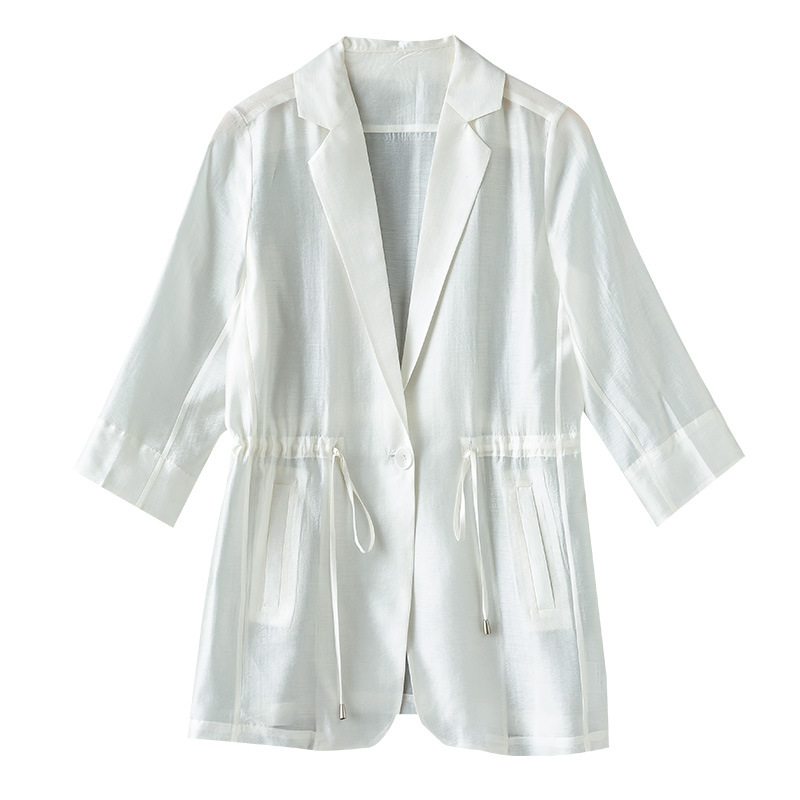 Áo khoác blazer nữ cổ lật dây rút chất liệu Leisel mỏng nhẹ mùa hè — Màu trắng