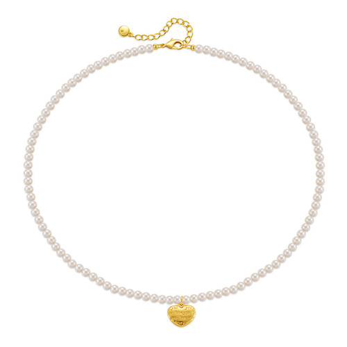 French Pearl Bead Chain Necklace with Elegant and Luxurious Feel, Heart Pendant Plated with 18K Real Gold, Colorfast and Sweet Jewelry