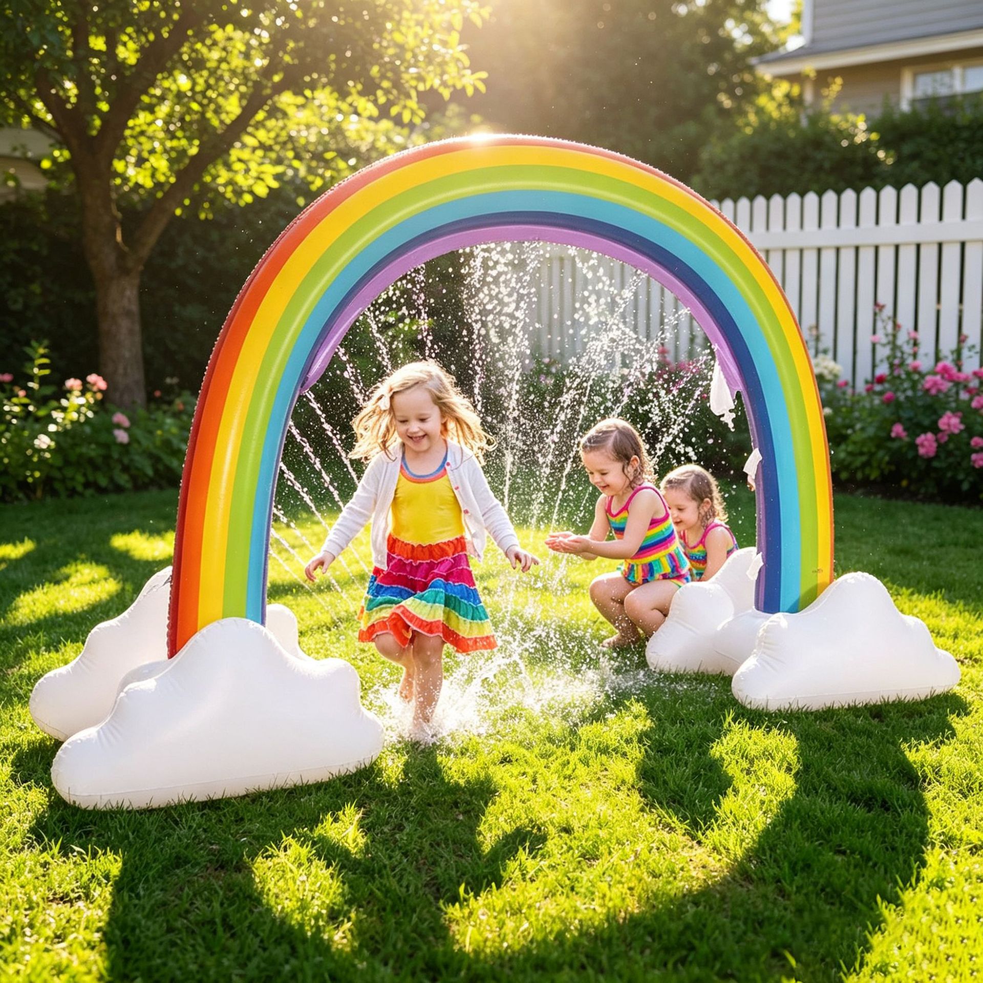 Arco de agua inflable con forma de arcoíris para niños, arco de agua con forma de tiburón para jugar al aire libre en el jardín.