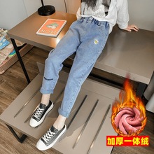 女童加绒加厚牛仔裤2024冬新款中大童一体绒保暖儿童弹力加厚裤子