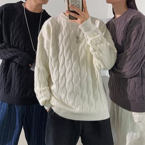 Men's Cable Knit Cardigan Sweater with a Relaxed and Trendy Hong Kong Style, Couples' Set, Comfortable, Casual, Round Neck, Autumn/Winter Base Layer Top