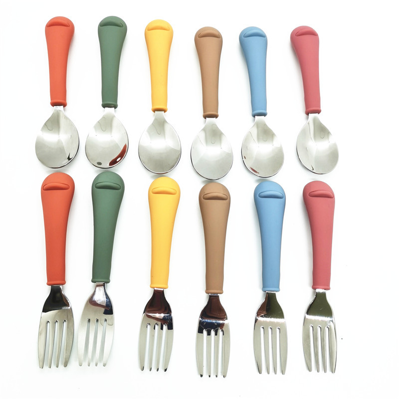 Baby Feeding Tableware Children's Rice Spoon Stainless Steel Fork Spoon Soft Handle 304 Food Supplement Spoon Cartoon Feeding Tool