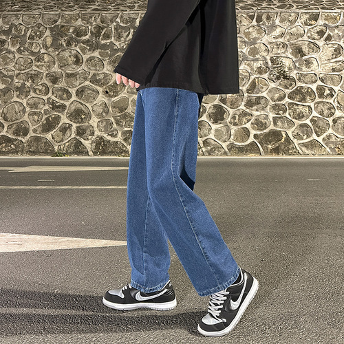 Stylish Smoke Gray Men's Loose Wide-Leg Jeans, Men's Hong Kong Style Ins Trendy Branded Straight Leg Pants