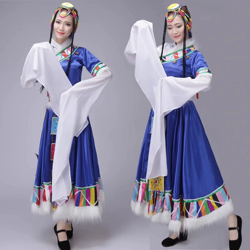 Женский танец этнических меньшинств синие костюмы тибетские костюмы для выступлений