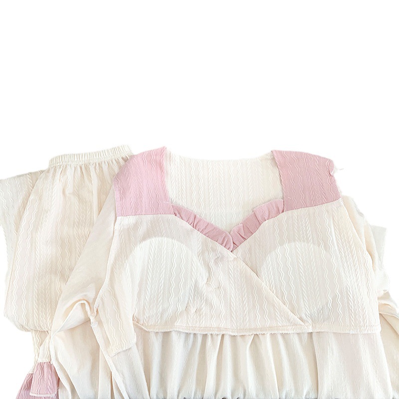 2023 nuevos pijamas de las mujeres de algodón jacquard con cuello en V Jersey de algodón de manga larga Otoño e Invierno dulce desgaste del hogar con el pecho pad traje