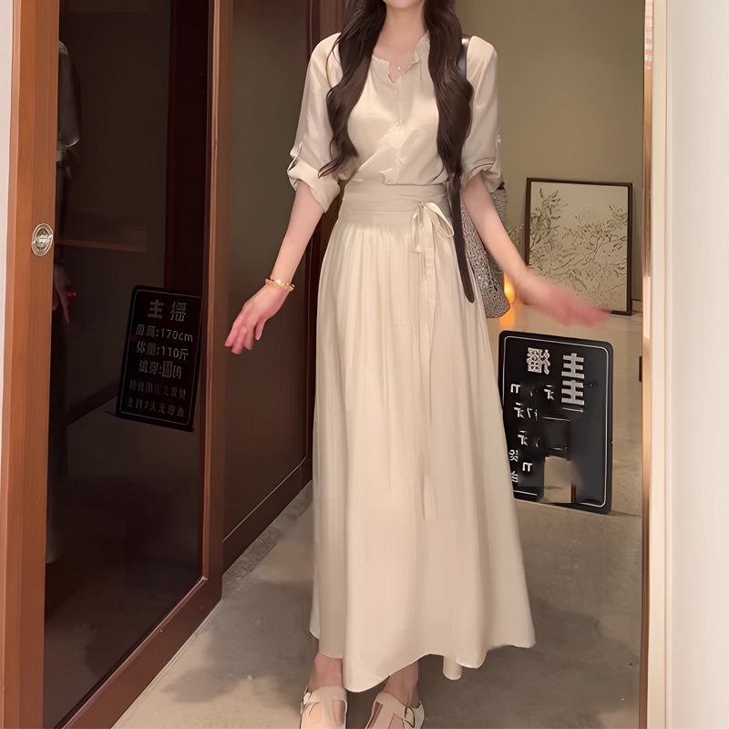 禅意茶歇风2025夏新款简约衬衫+半身裙两件套女小个子连衣裙套装|undefined
