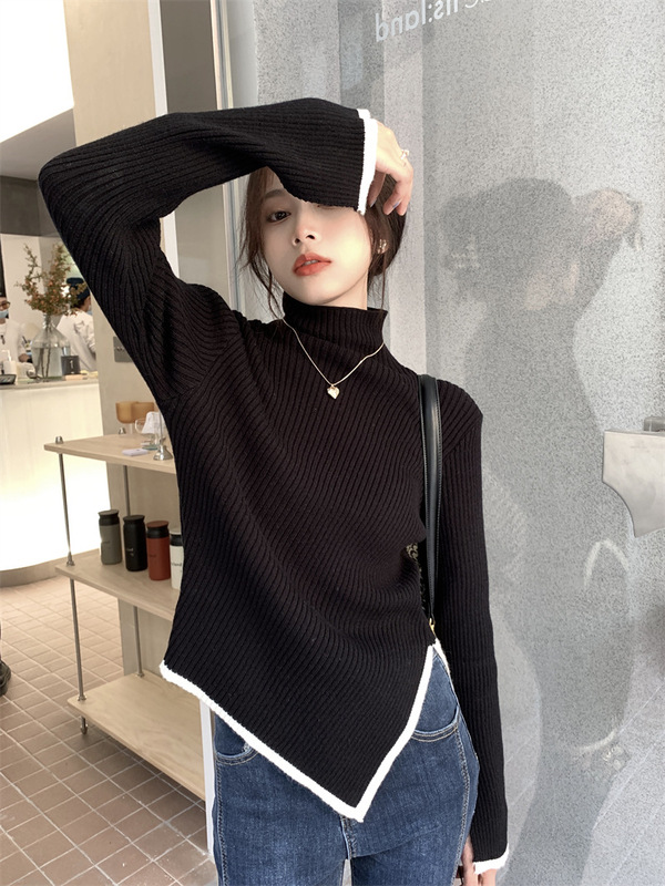 2022 Chic Half-high Neck Sweater Women's Autumn and Winter 2022 New Irregular Belly Covering Base Sweater Trendy 2022 Chic Half-high Neck Sweater Women's Autumn and Winter 2022 New Irregular Belly Covering Base Sweater Trendy