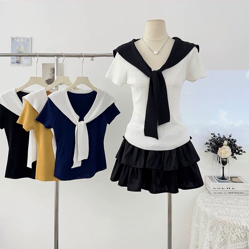 Contrast Color Stitching Navy Collar Short-Sleeved Sweater for Women Summer New College Style Pullover Slimming Top for Women
