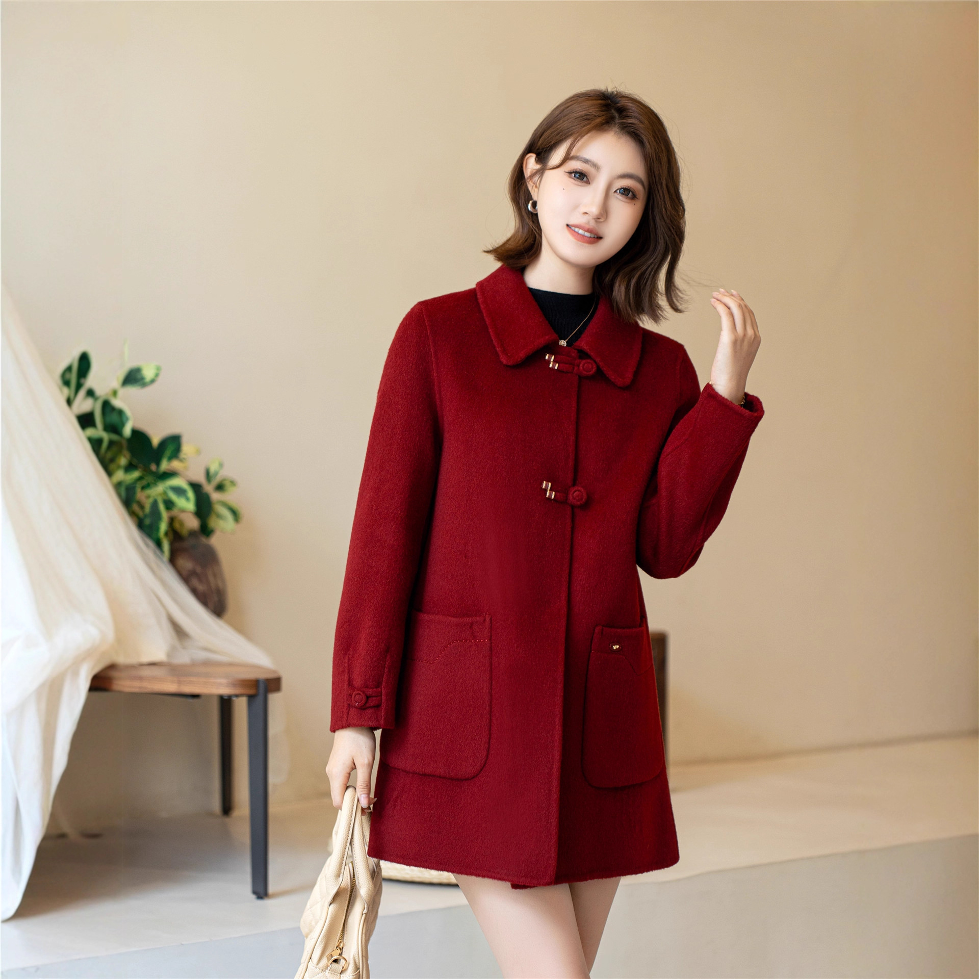 Autumn and Winter Loose Suit Style Double-Sided Cashmere Outwear for Women, Medium-Length Loose Cocoon-Shaped One-Hand Long Woolen Outwear for Women, Carefully Selected