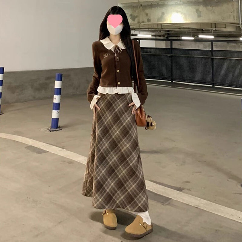小个子美拉德穿搭复古格纹半身裙设计感拼接长袖上衣套装秋冬季女|undefined