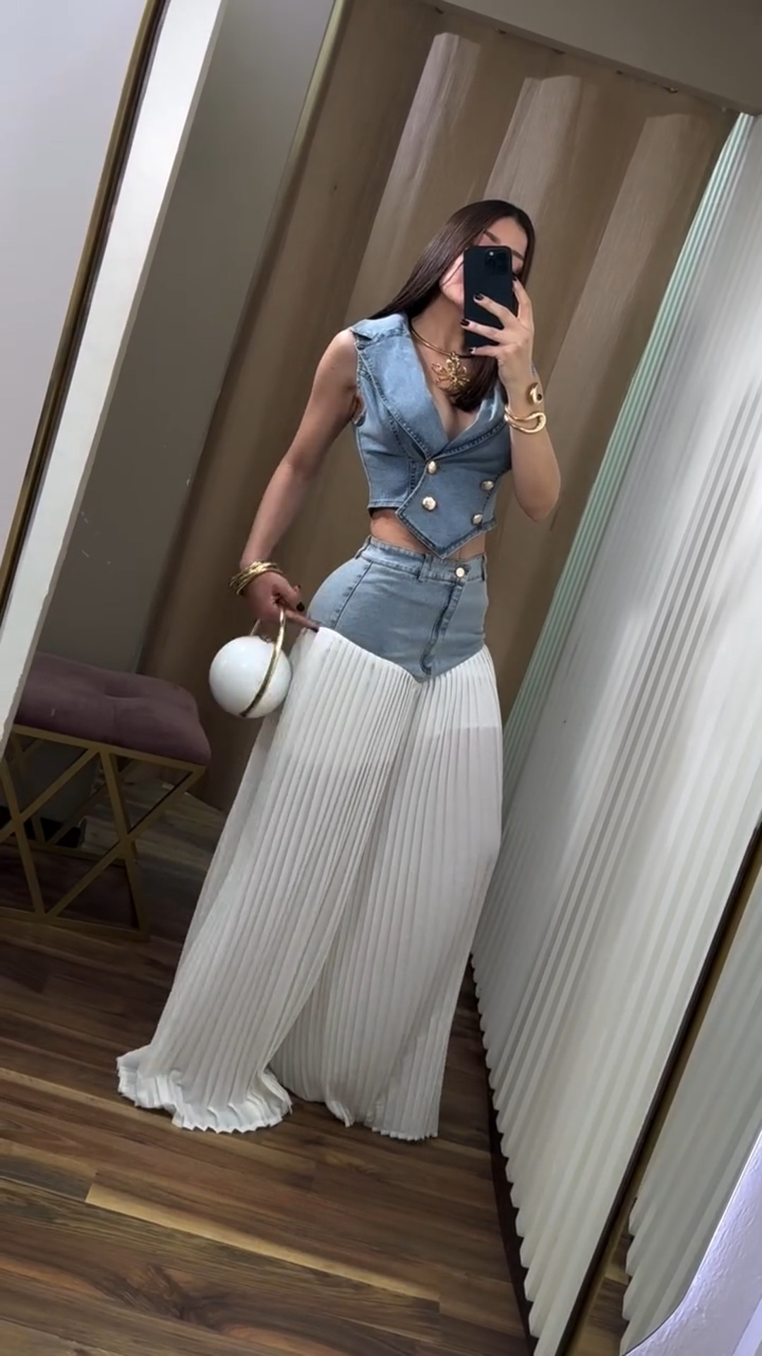 High Waist Denim Skirt And Sleeveless Jacket Two-piece Set_voghion.com