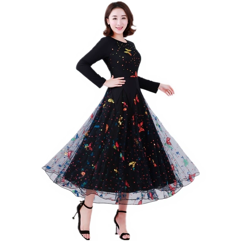 Платье с юбкой для современного танца, юбка с большим подолом, одежда для выступлений с длинными рукавами, одежда для выступлений в бальных танцах, современный танец