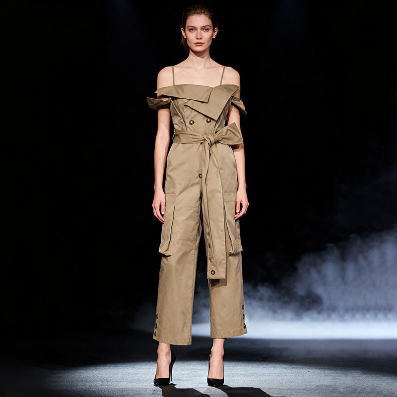 Fashionable and Cool Khaki Workwear-Style Off-Shoulder Jumpsuit 2026 Spring New Women's Clothing with Pockets and Belt Straight-Leg Pants