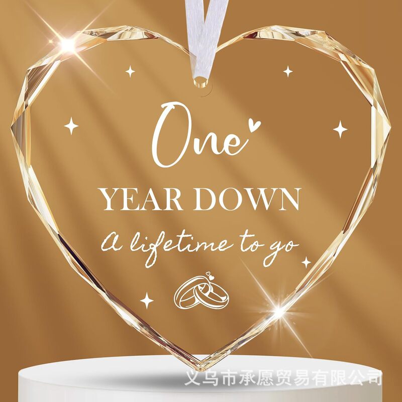 Cross-Border One-Year Anniversary Couple's Heart-Shaped Glass Pendant, Anniversary Decoration Gift for Wife and Husband