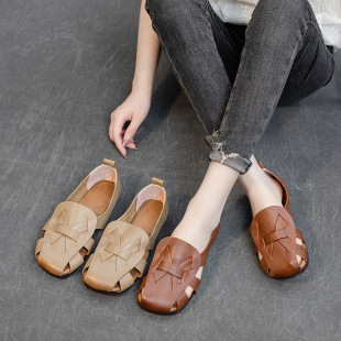 New spring and summer hollow-out flat heel soft bottom handmade retro women's shoes top layer cowhide breathable mom shoes closed toe