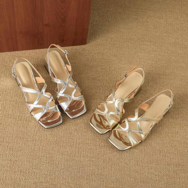 Sandal cao gót nữ da thật mũi vuông hở mũi gót thô 9 cm — Màu vàng, Màu bạc chi tiết 56
