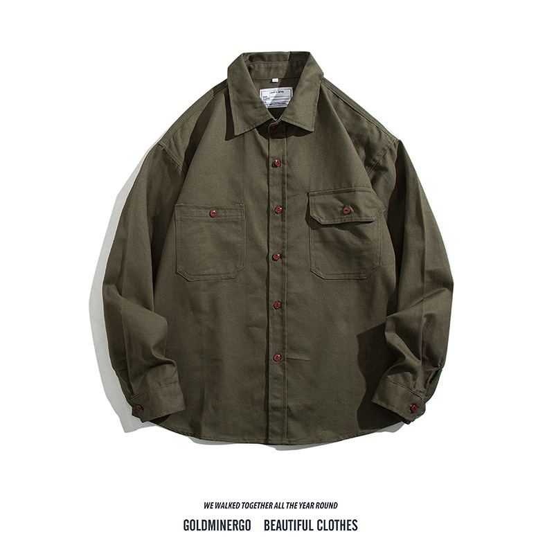 Japanese retro fashion shirt Spring and Autumn new pure color American twill canvas lapel shirt boys coat
