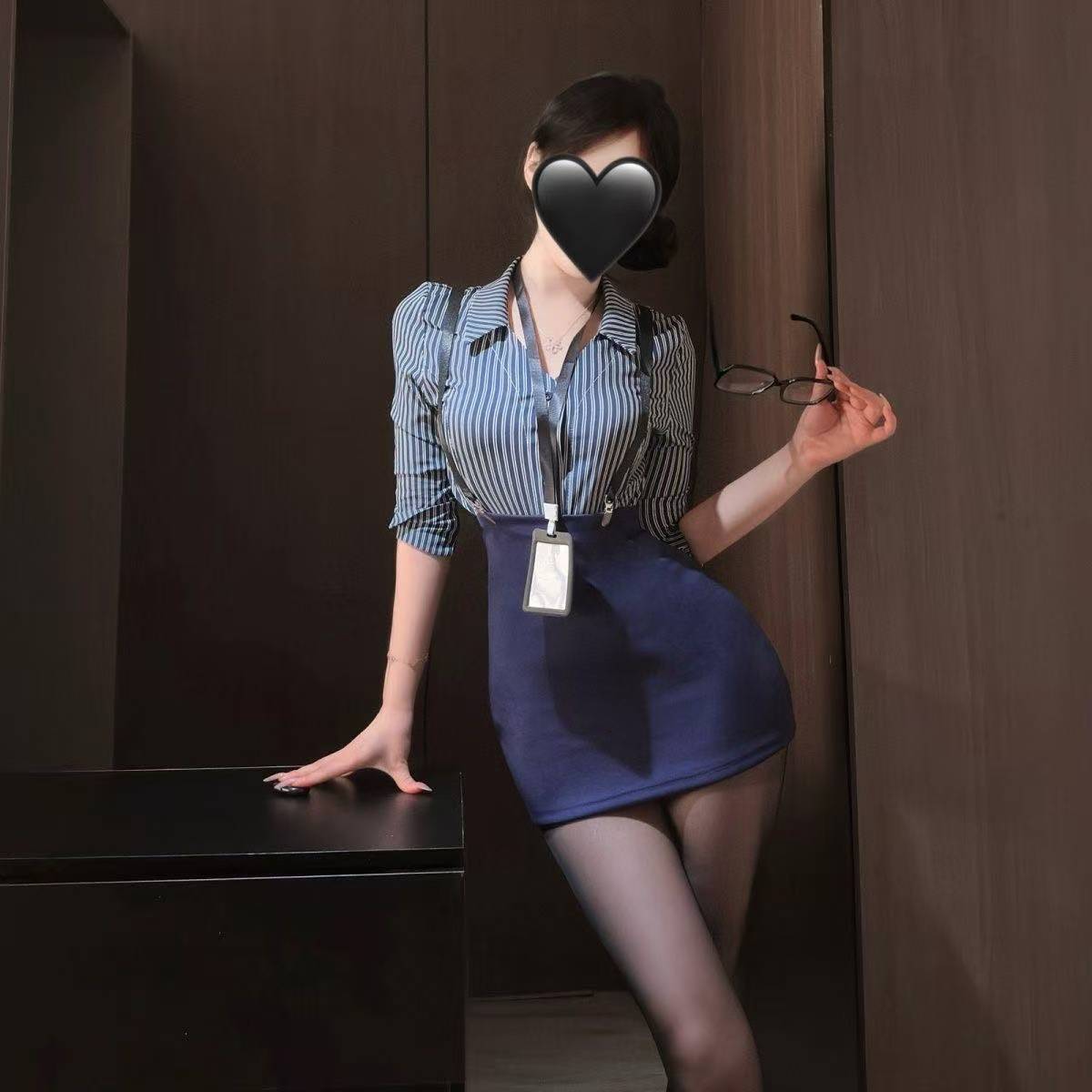 Secretary Roleplay Costume Set: Striped Shirt Top and High-Waisted Suspender Shorts with Blue Stockings — detail image 2