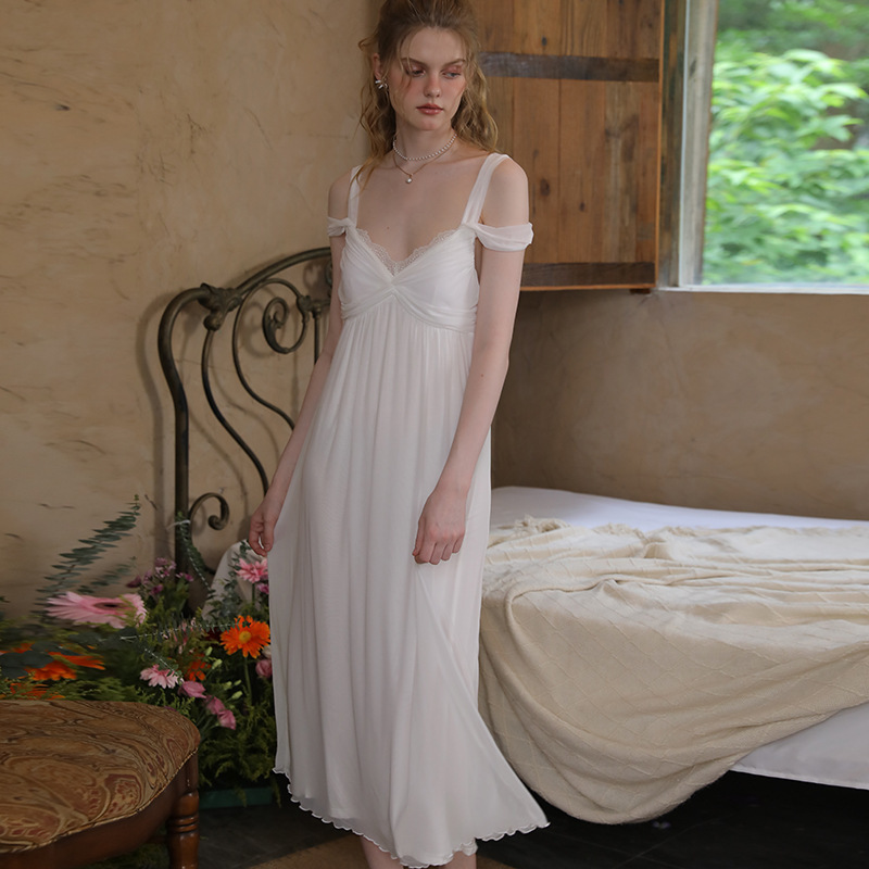 Two-Way Wear Camisole Nightgown with Chest Pads, Knot Design, Fairy Nightgown, Long Dress, French Style, Slightly Sexy and Lazy Style