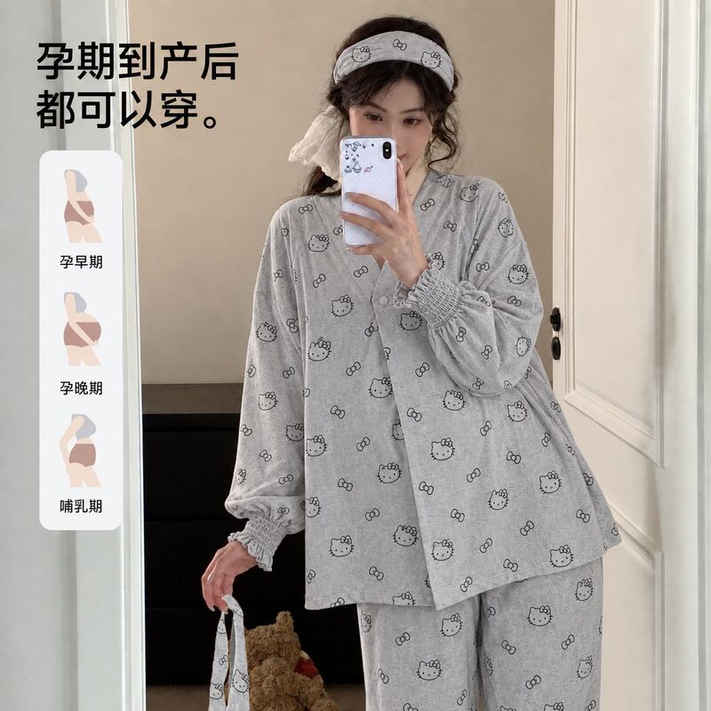 Postpartum confinement clothing set with headscarf, pure cotton, for autumn and winter, plus size, long-sleeved loungewear for pregnant women in the hospital