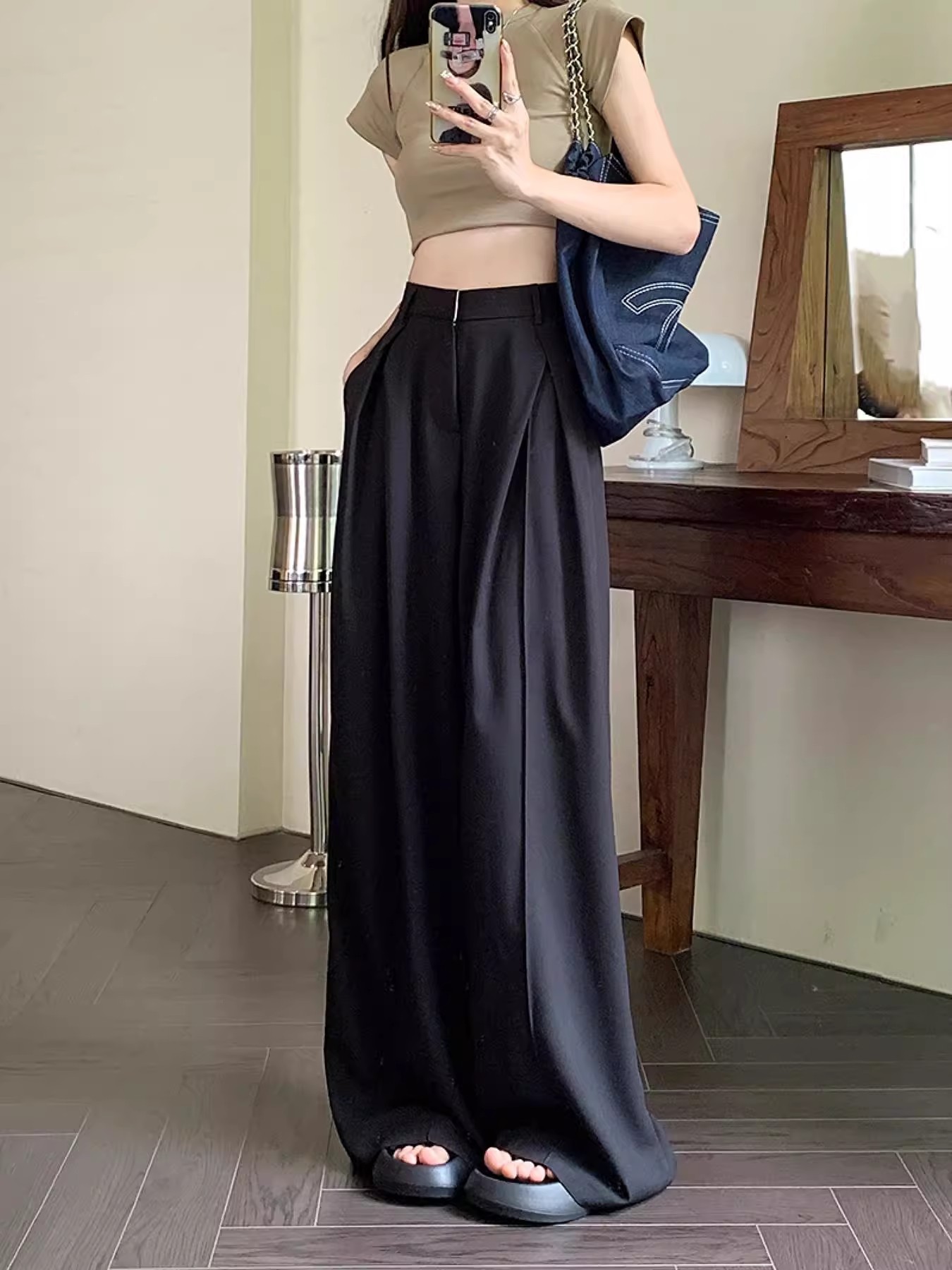 Temperamento negro retro pantalones casuales negros, pantalones de trajes, pantalones de primavera de cintura alta, pantalones de piernas anchas