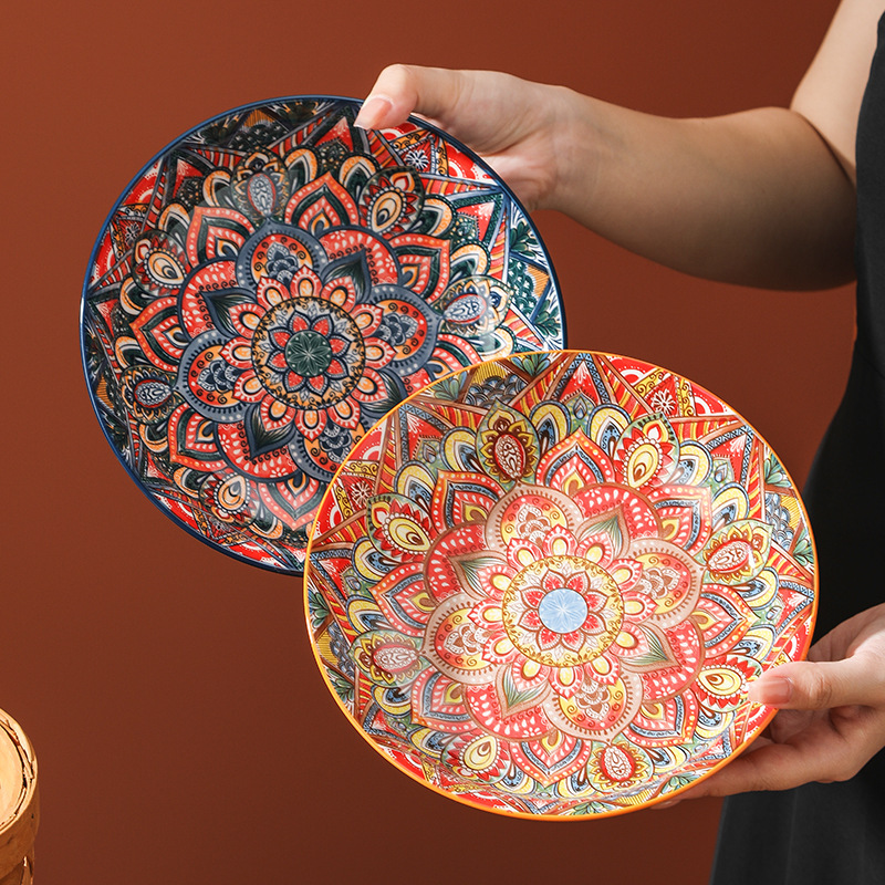 Bohemian Style Ceramic Plate Cross-Border High-Value Plate Household New Dish Plate Underglaze Color Dinner Plate Deep Plate for Serving Dishes