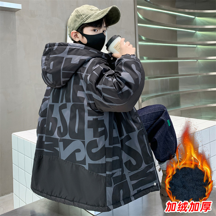男童加绒外套冬季2025新款中大童中长款派克服男孩冬装棉衣洋气潮