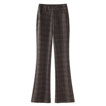 咖色格子微喇裤女2025新款秋季通勤职业百搭马蹄裤垂感拖地喇叭裤