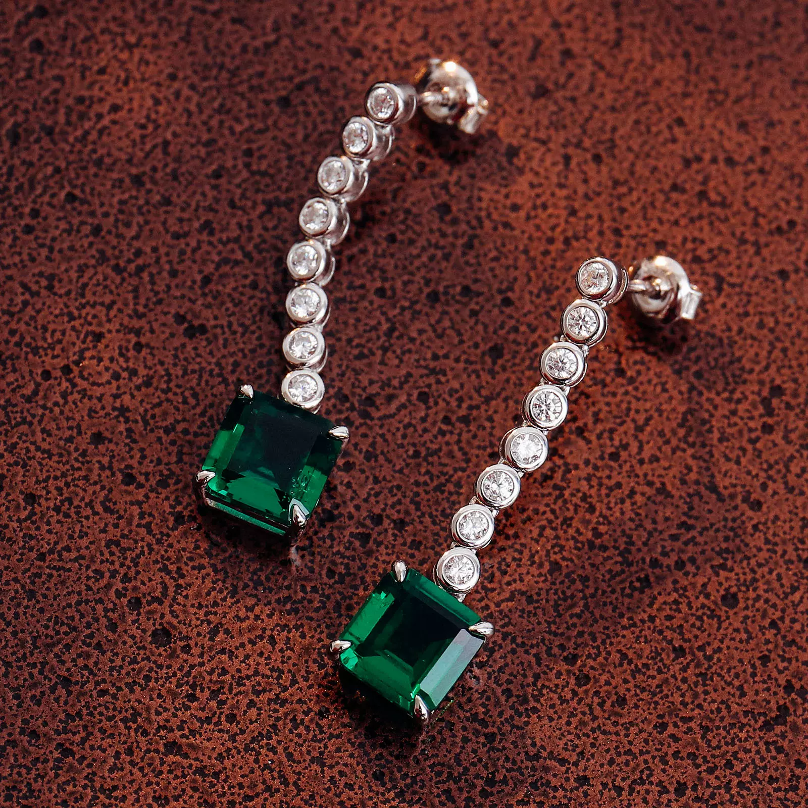 祖母绿耳环925银纯银方形培育宝石晚宴配礼服耳饰百搭绿色耳钉女