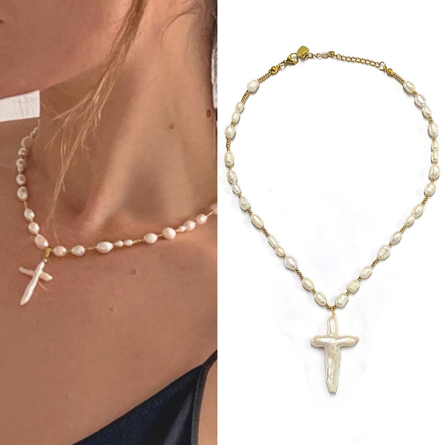 골드 비즈 믹스 크로스 목걸이 38+5CM 랍스터 걸쇠