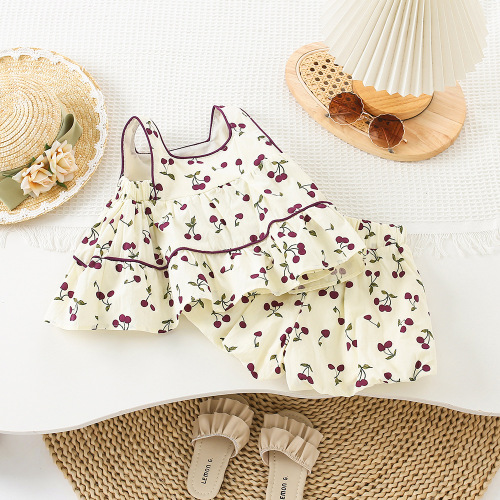 Korean Children's Summer  New Sweet Cherry Floral Pattern Little Girl Tank Top and Bunch Shorts Set Trendy