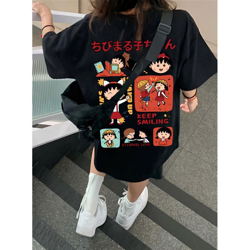Cherry Maruko black cotton short-sleeved T-shirt women's summer loose all-match Hong Kong style chic cute lazy style top