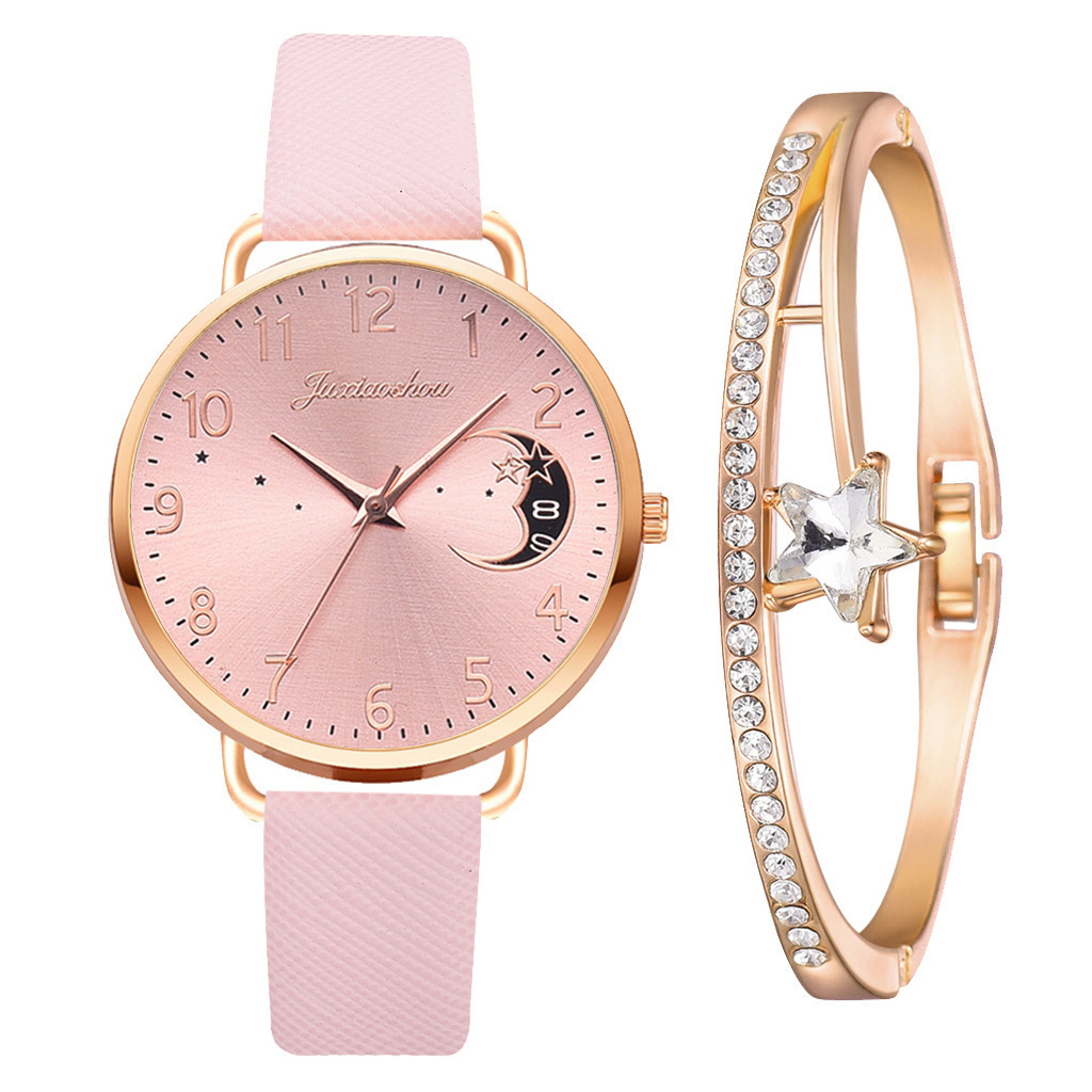 new hot women's personality quartz watch set Pu with moon pattern dial with calendar_voghion.com