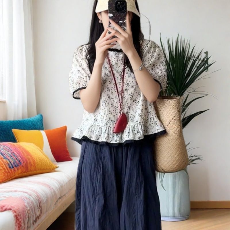 复古小碎花衬衣女2025夏新款时尚韩系撞色泡泡袖百搭显瘦减龄上衣|undefined