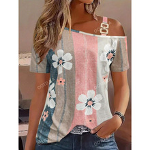 W 35571 One-shoulder off-shoulder print short sleeve һ����