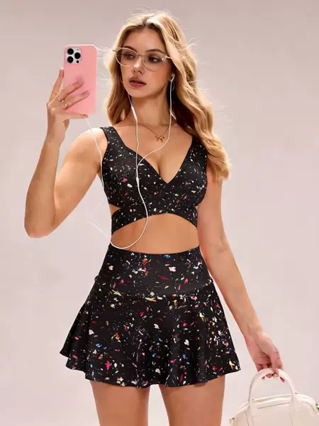 Cross-Border European and American Style Short New Breathable Sports Outdoor Casual Hip-Lifting Tennis Skirt Printed Digital Yoga Skirt for Women